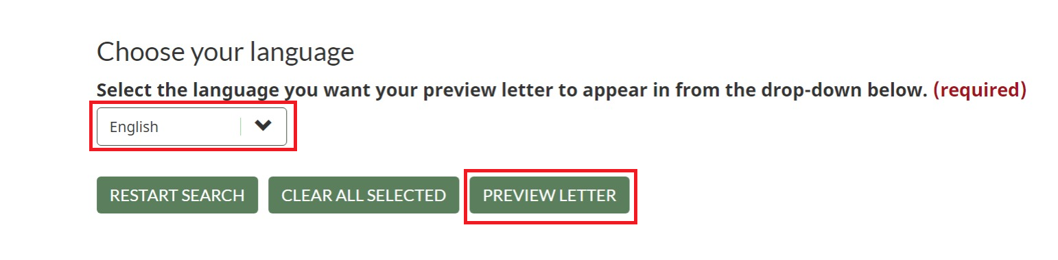 A screenshot of the bottom of the step 2 of the request your contract history letter page with the language drop down menu and the preview letter button highlighted.