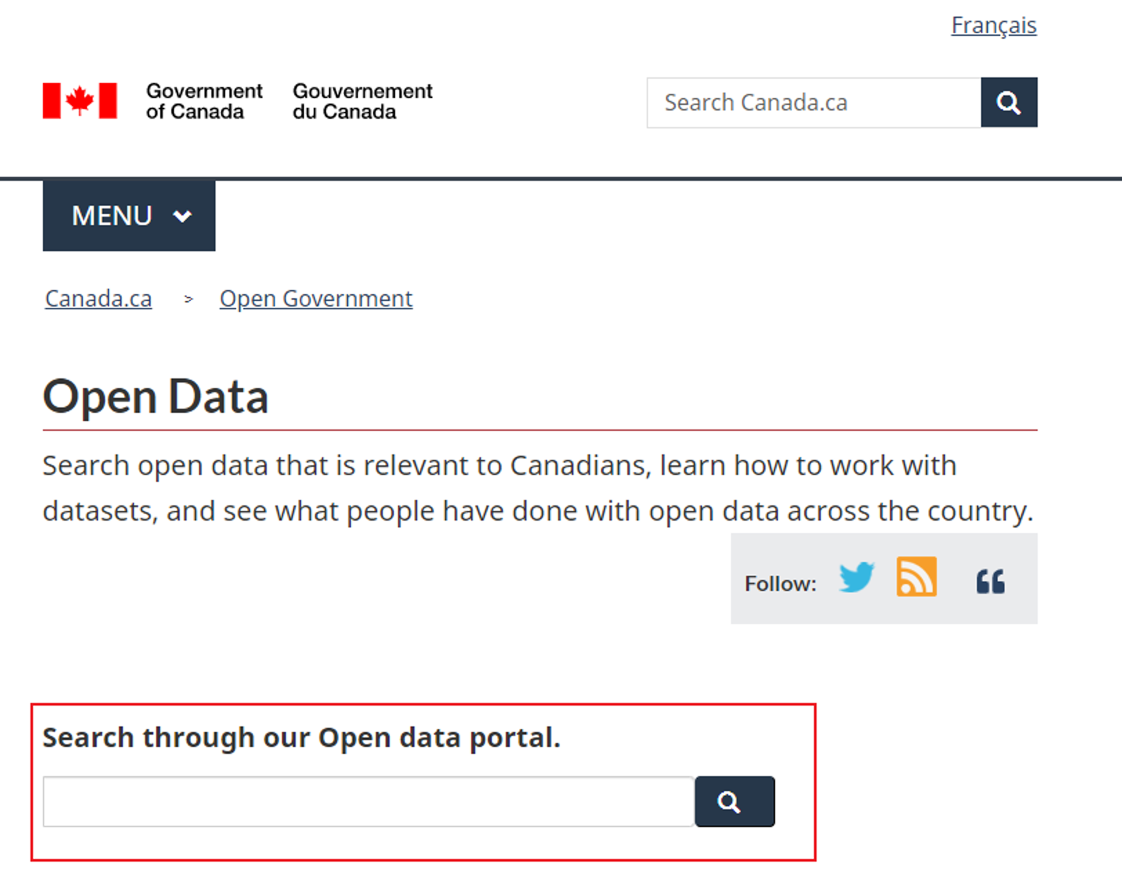 A screenshot of the Open data main page in the Open Canada portal, with the search bar highlighted. 