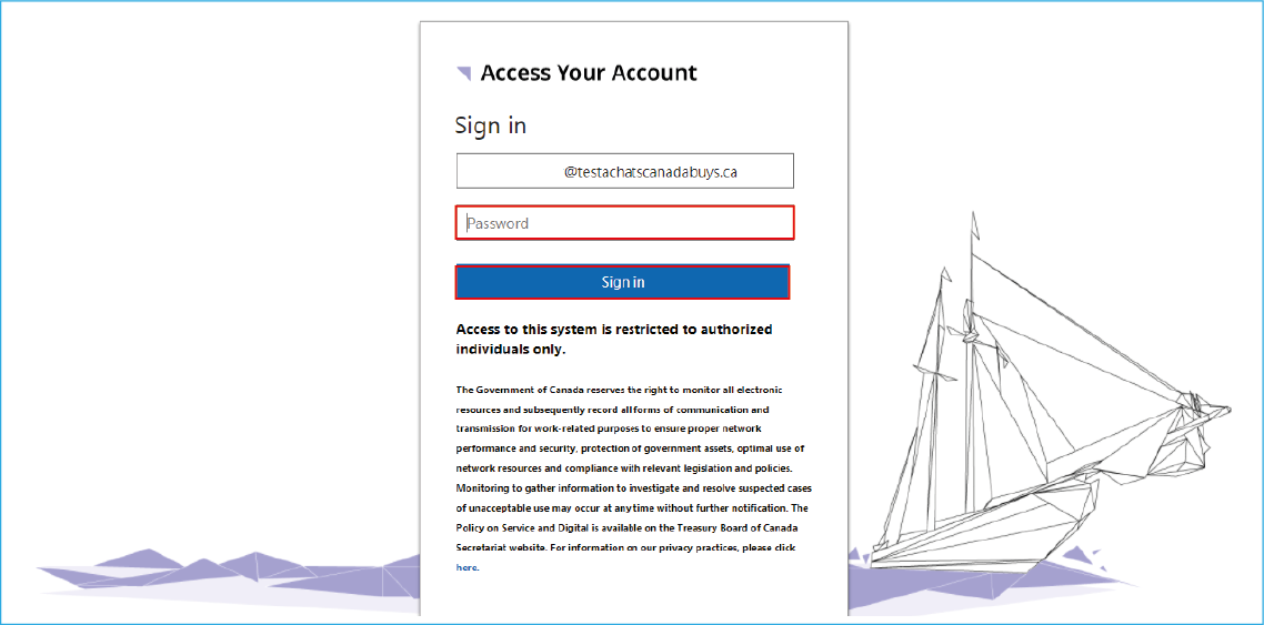 A screenshot of the Access your account page with temporary password field and the next button highlighted.