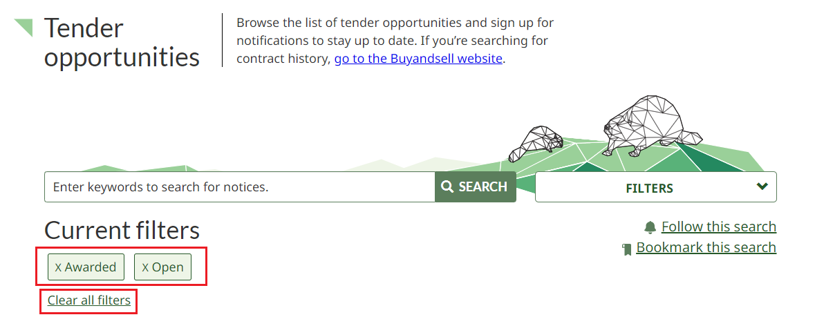 A screenshot of the Tender opportunities page, with the currently applied filters and the Clear all filters link highlighted.