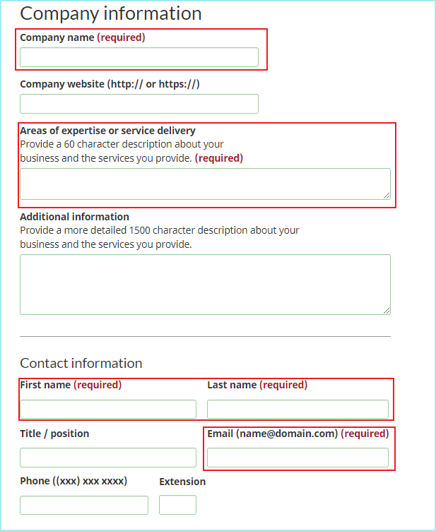 A screenshot of the form to collect company information with the Company name, Areas of expertise of service delivery and Contact information sections highlighted.