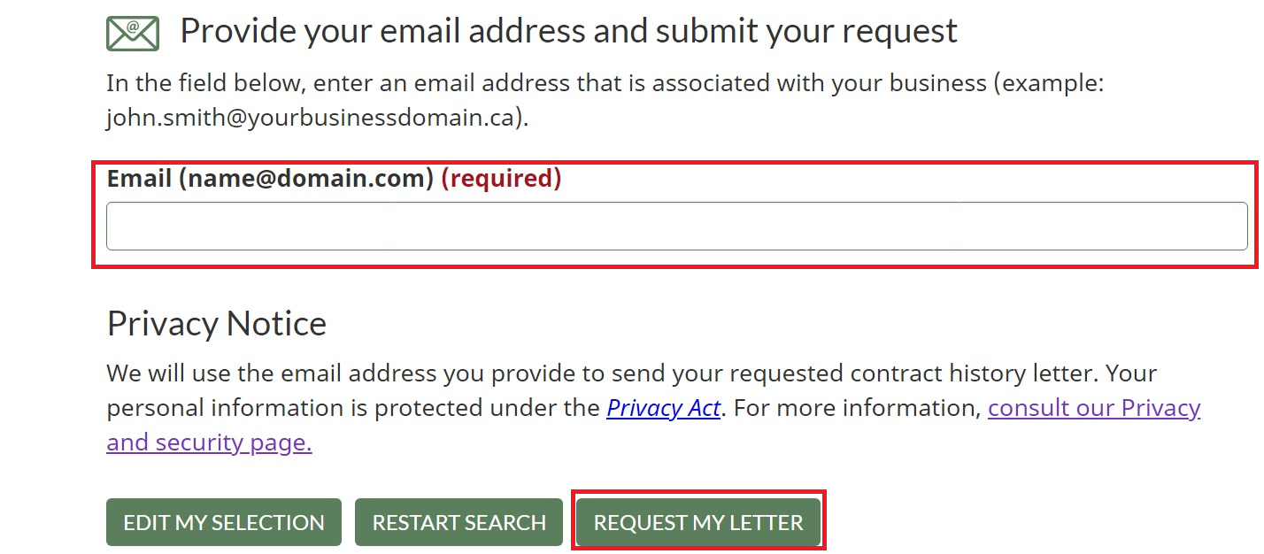 A screenshot of the letter preview page with the email box and request my letter button highlighted.