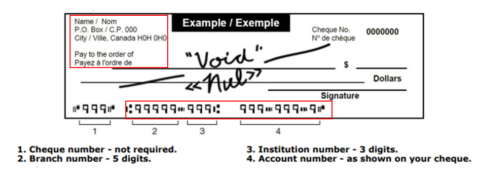 A copy of a void cheque, with red boxes around the bank name and address, name of the account holder, the financial institution number, the branch number and the account number