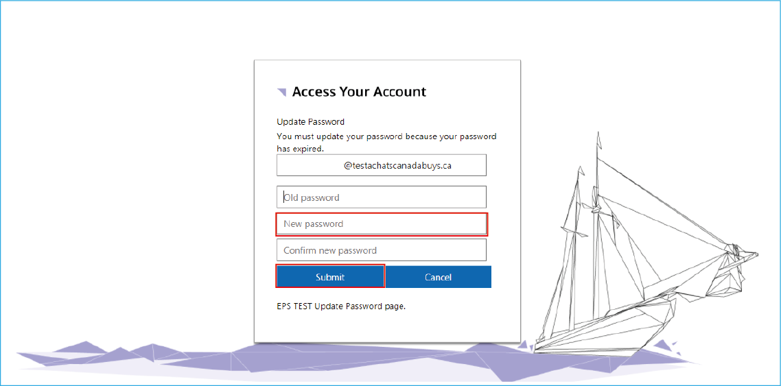 A screenshot of the Access your account page with the new password field and the Submit button highlighted.
