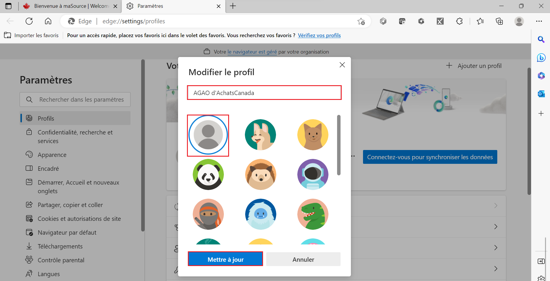 Une capture d'écran de la fenêtre contextuelle « Modifier le profil » avec le champ du nom de profil, un avatar et le bouton de mise à jour mis en évidence