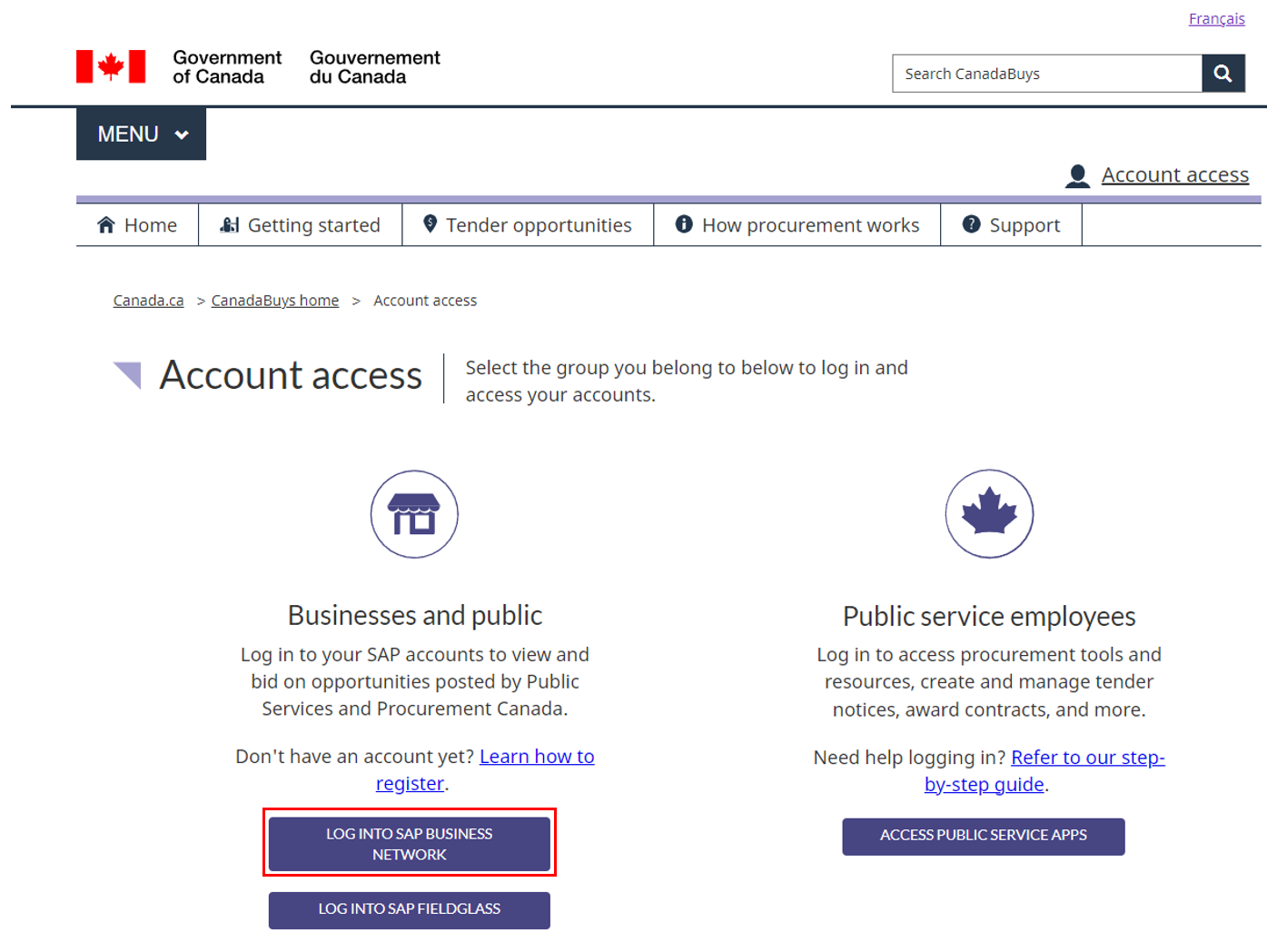 A screenshot of the Account access page with the Log into SAP Business Network button highlighted.