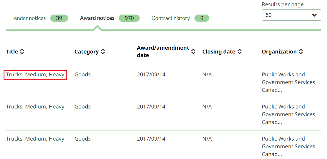 A screenshot of the Tender opportunities page, with the title of an award notice highlighted. 
