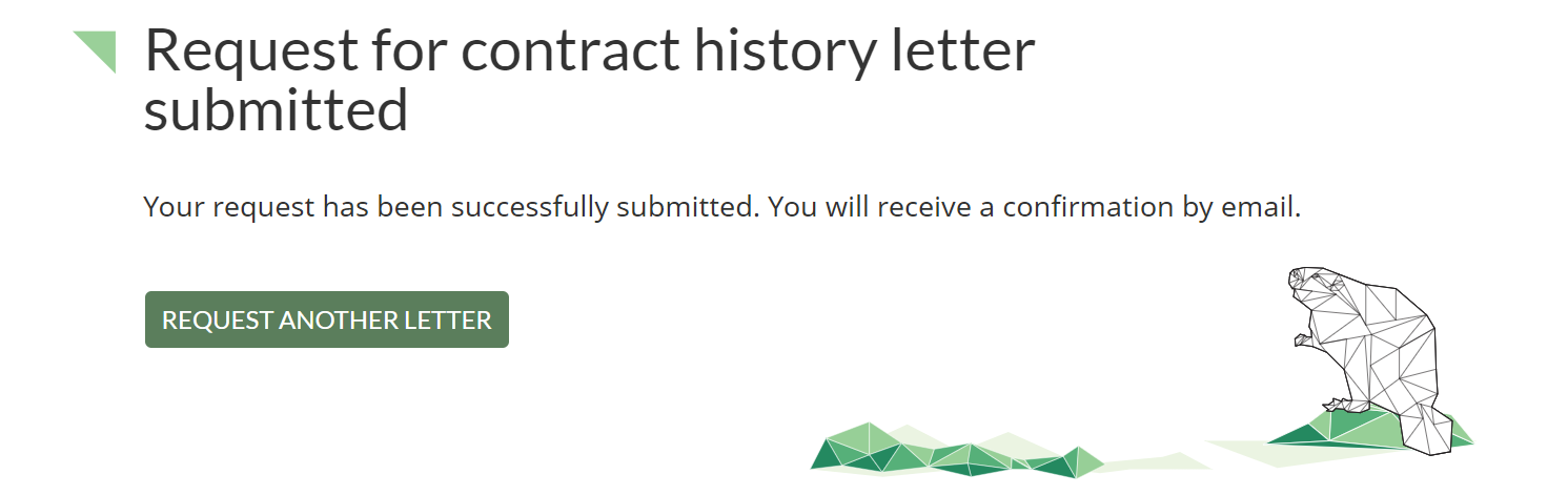 A screenshot of the Request for contract history letter submitted page saying that the request was submitted successfully.