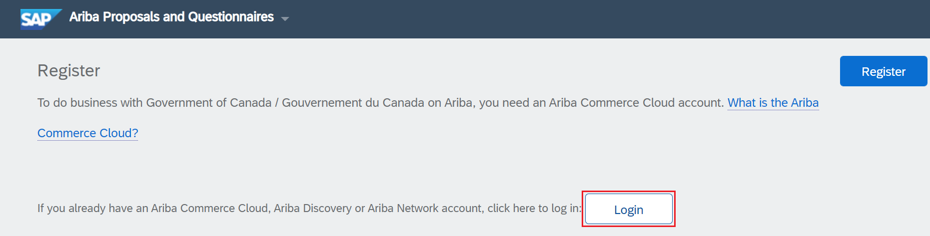A screenshot of the SAP Ariba Registration page, with the login button highlighted.