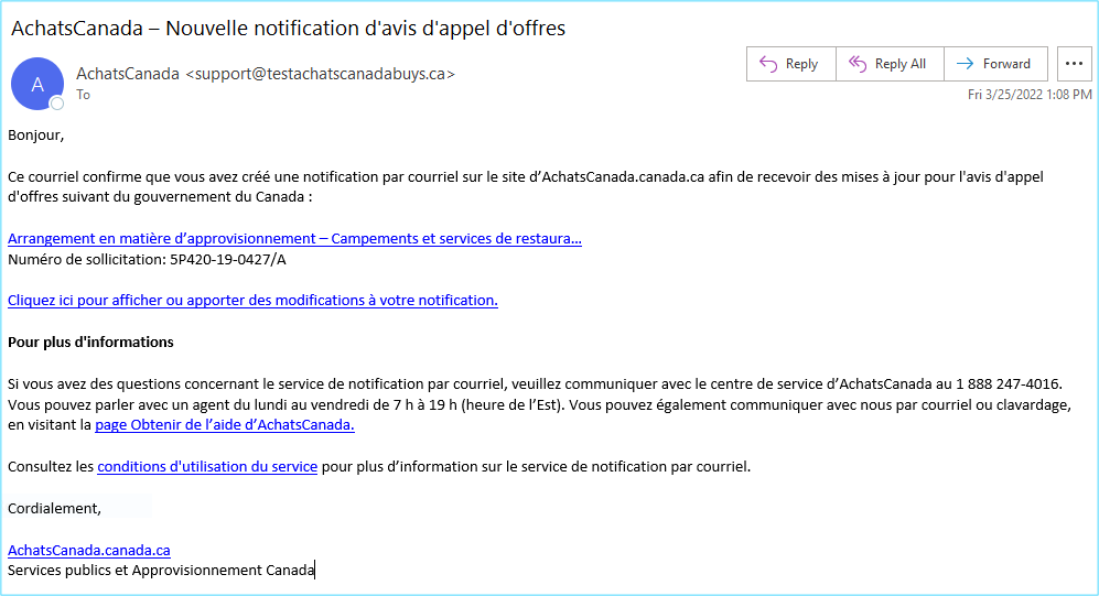 Capture d’écran d’une confirmation par courriel d’AchatsCanada pour une nouvelle notification pour un avis d’appel d’offres.