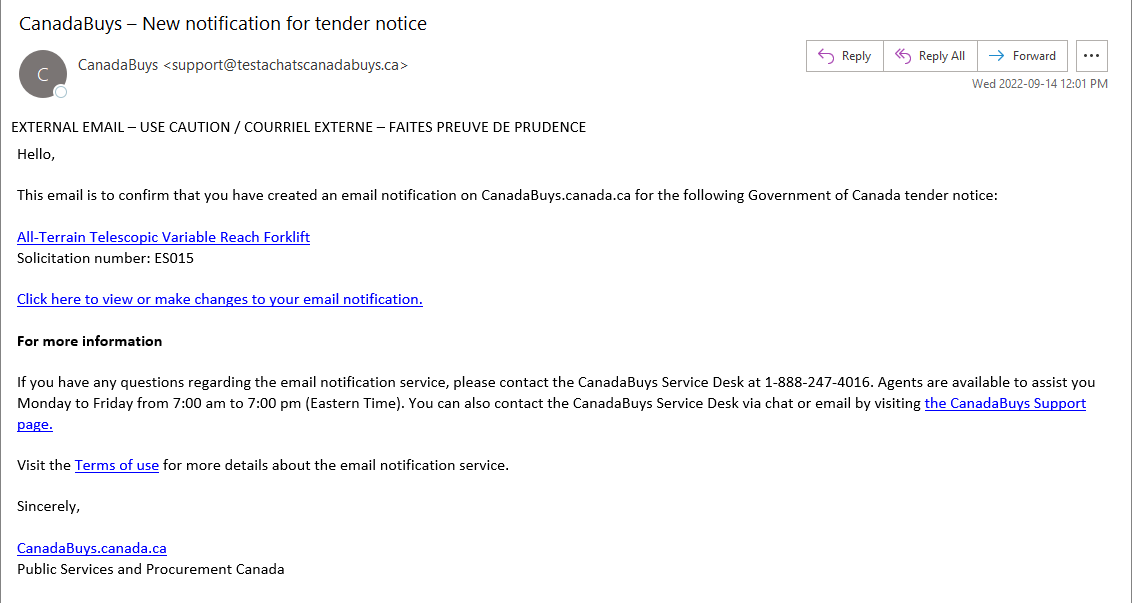 A screenshot of an email confirmation from CanadaBuys for a new notification for a tender notice. 