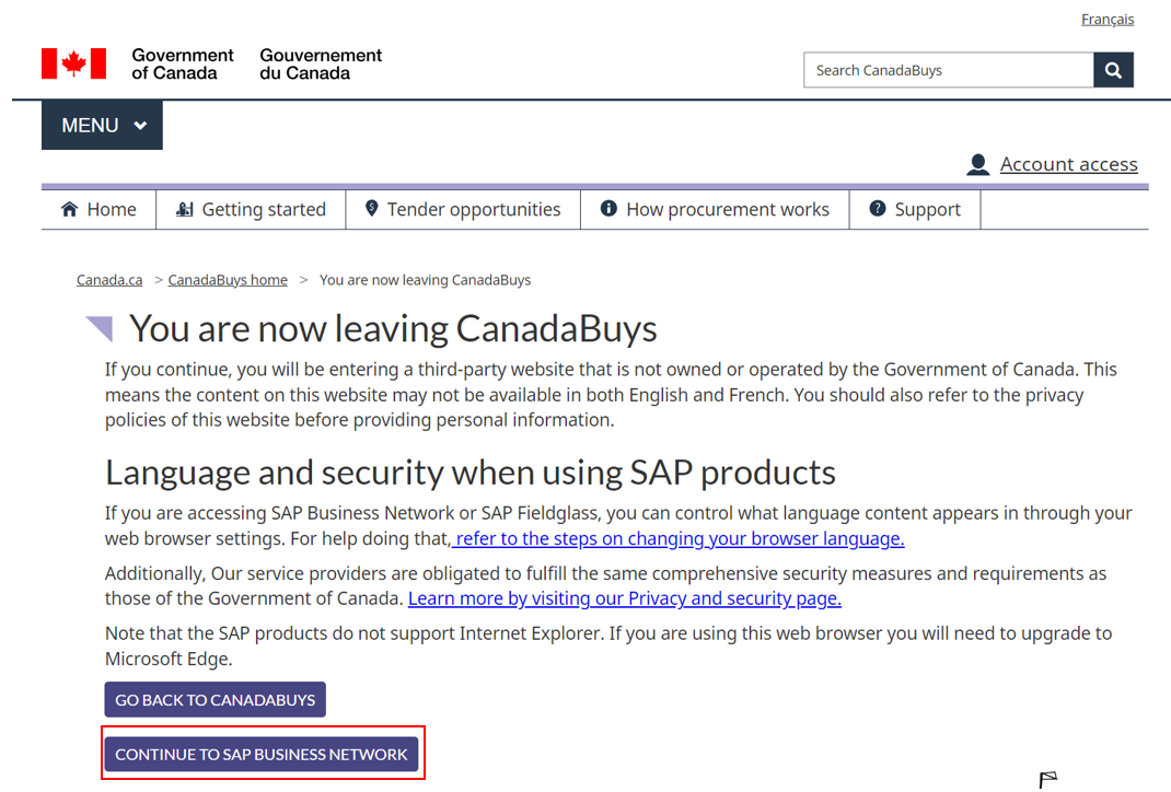 A screenshot of the SAP Business notification page on CanadaBuys, with the Continue to SAP Business Network button highlighted.