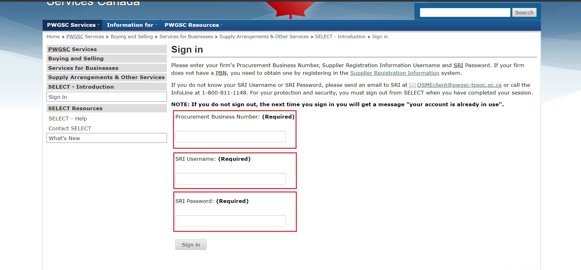 A screenshot of the sign in page of the SELECT website, with the fields Procurement Business Number, SRI Username and SRI Password highlighted.