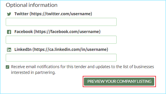 A screenshot of the Optional information section of the form with the Preview your company listing button highlighted.