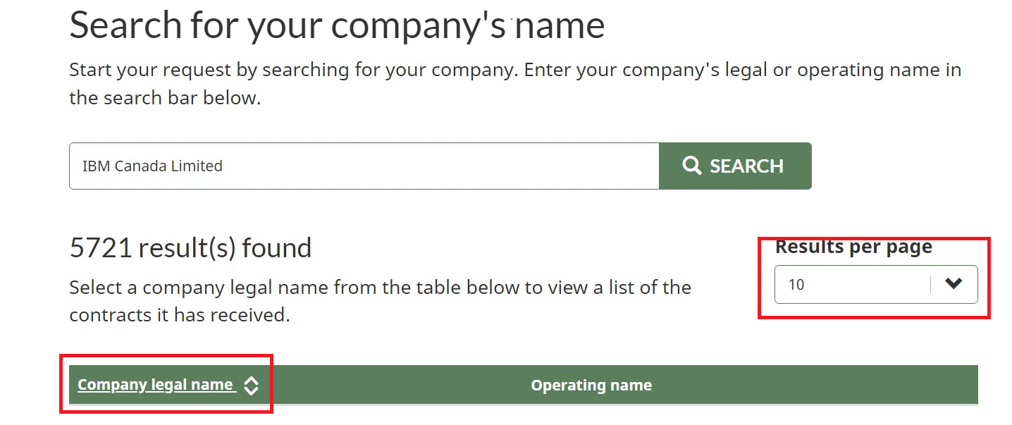 A screenshot of the Search for your company’s name page with the Company legal name header and Results per page drop down menu highlighted.