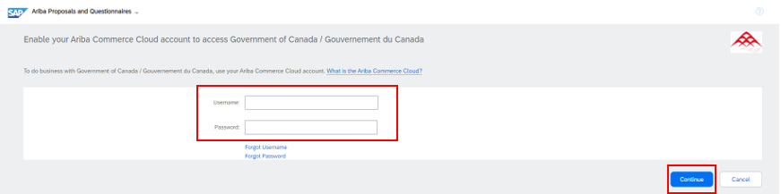 A screenshot of the Supplier Login page for SAP Business Network, with the Username field, Password field and Continue button highlighted.