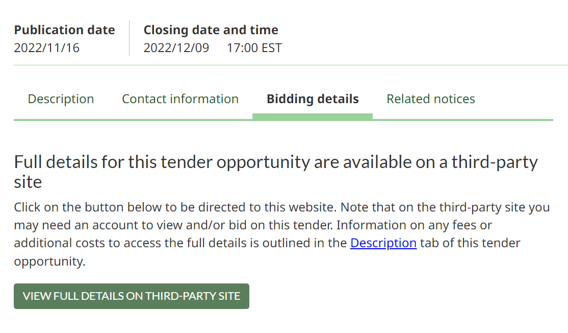 A screenshot of the Bidding details tab of a tender notice, where information about the notice is displayed.