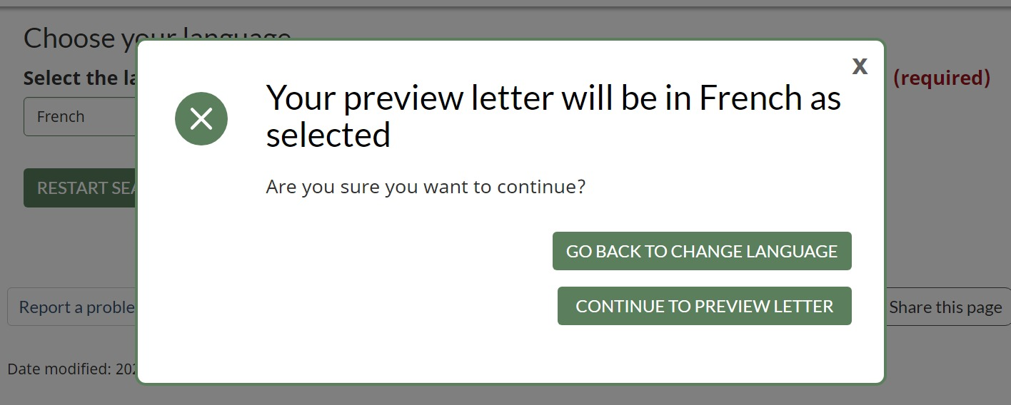 A screenshot of the letter preview page with the letter language verification notification showing.