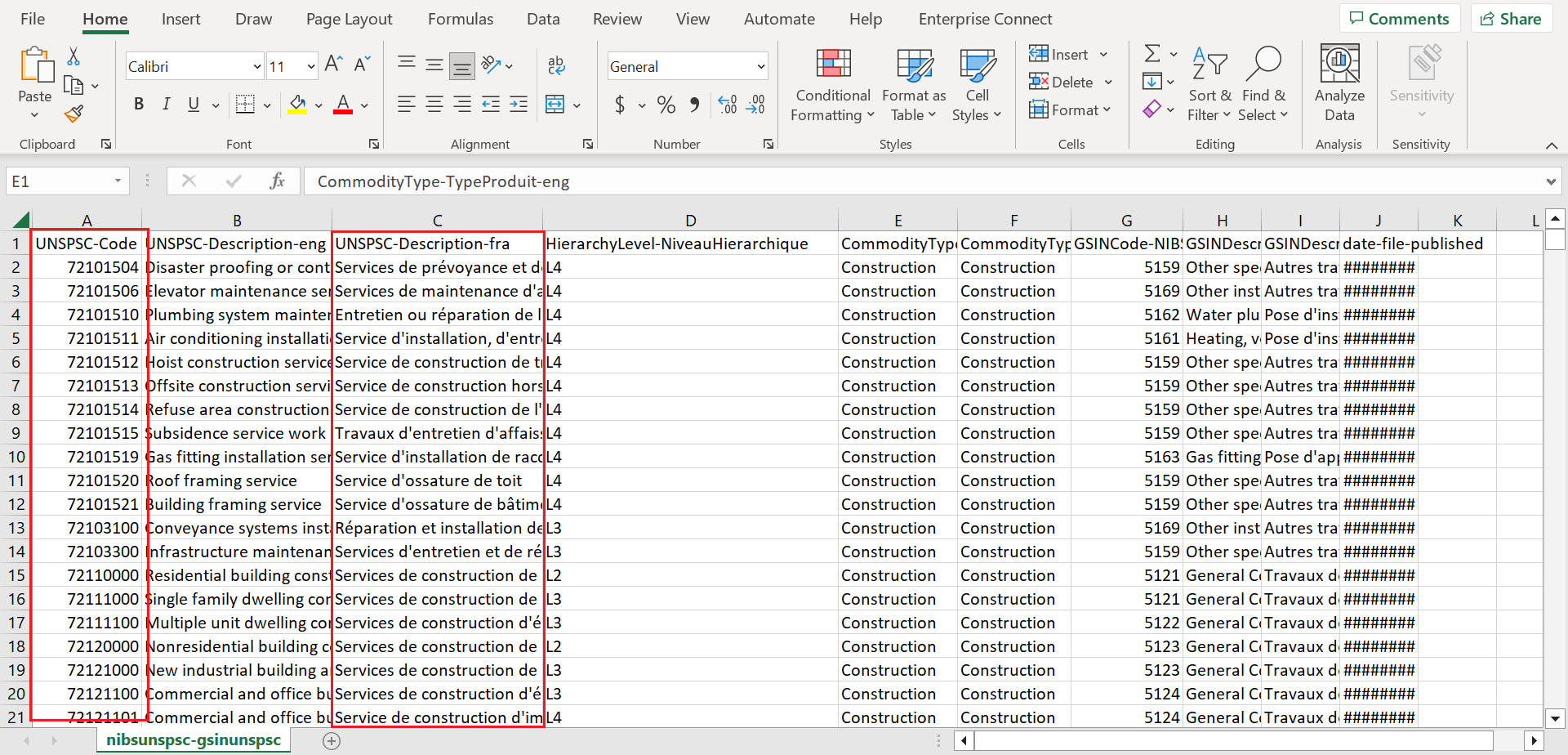 Capture d'écran d'une feuille de calcul ouverte dans Microsoft Excel, avec les colonnes UNSPSC-Code et UNSPSC-Description-eng mises en évidence. 