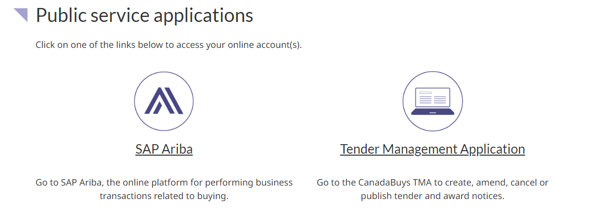 A screenshot of the Account access page with a list of the available CanadaBuys applications.