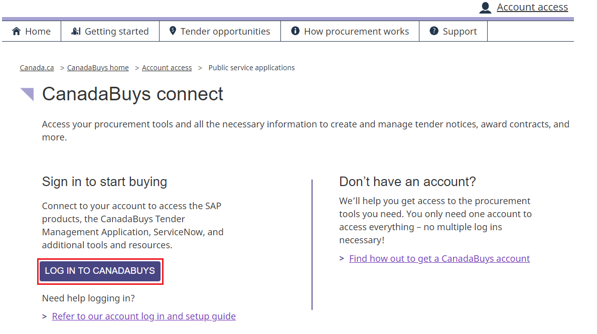 A screenshot of the CanadaBuys connect page, with the Log in to CanadaBuys  button highlighted.