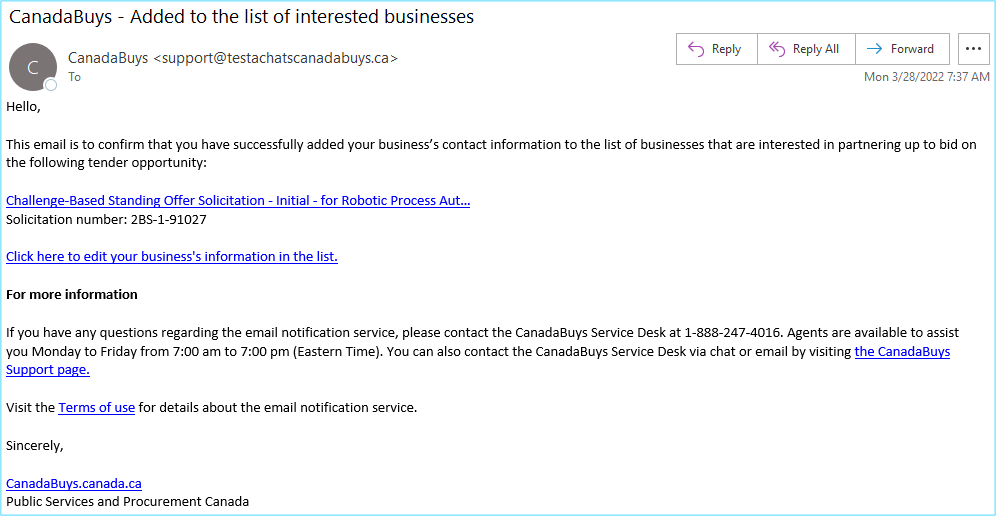 A screenshot of an email from CanadaBuys confirming that your company has been added to the list of interested businesses.