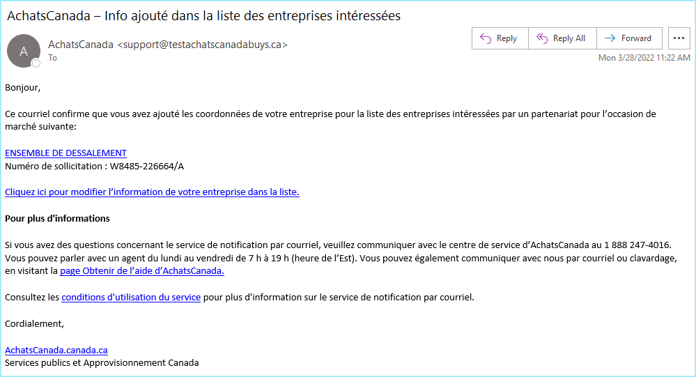 Capture d'écran d'un courriel d’AchatsCanada confirmant que votre entreprise a été ajoutée à la liste des entreprises intéressées.