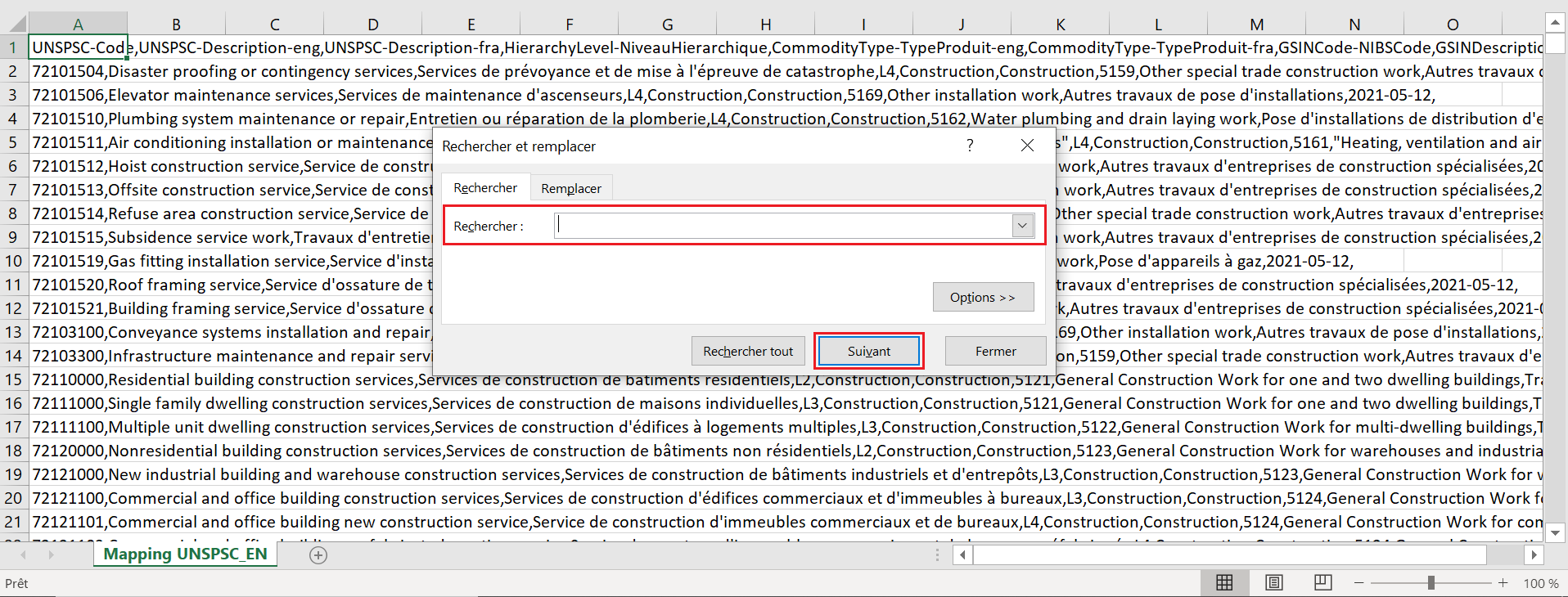 Capture d'écran d'une feuille de calcul ouverte dans Microsoft Excel, avec le champ Rechercher pour effectuer une recherche et le bouton Rechercher suivant mis en évidence. 