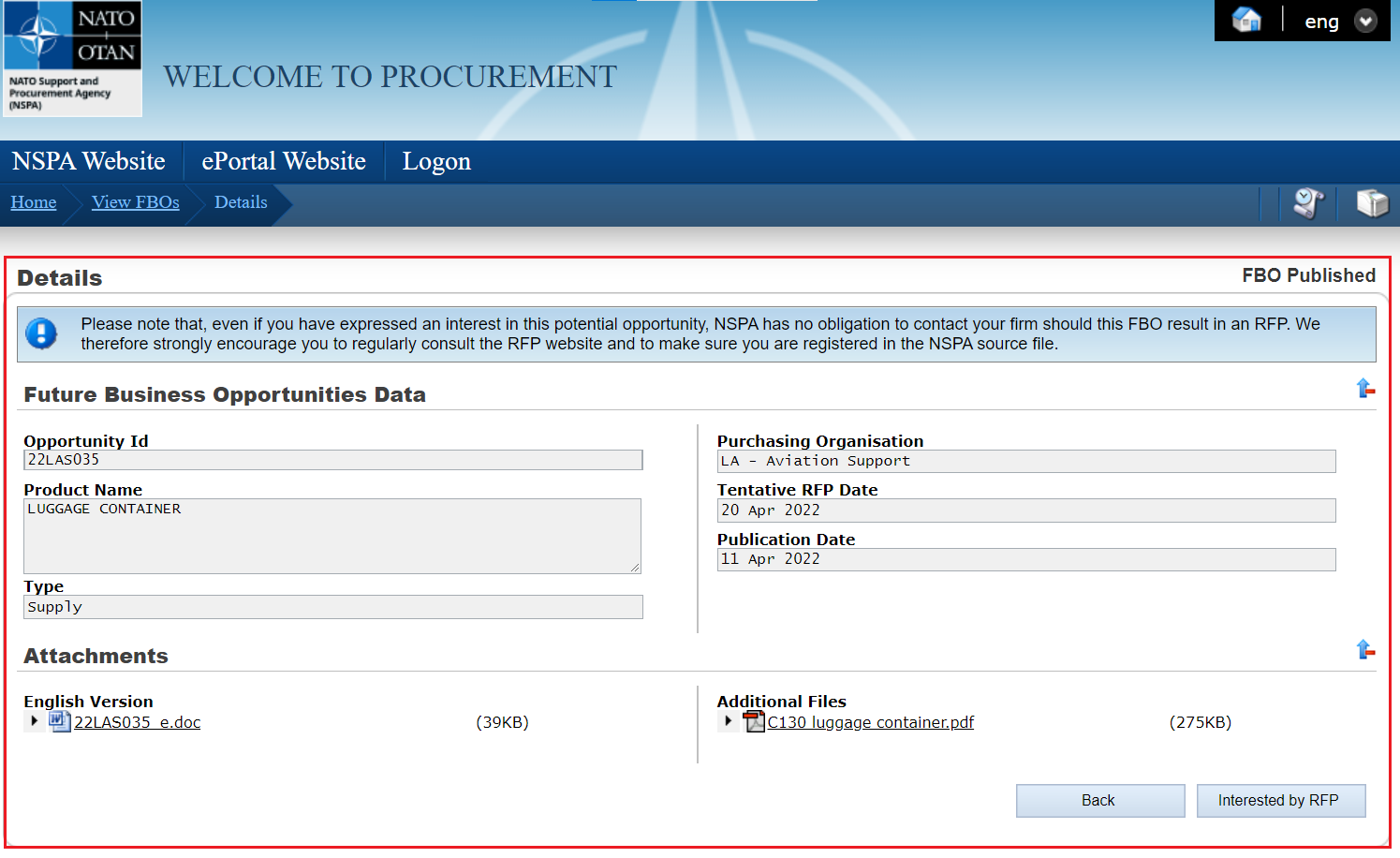 A screenshot of the details of a tender notice in the NSPA eProcurement portal, with the Details section highlighted.