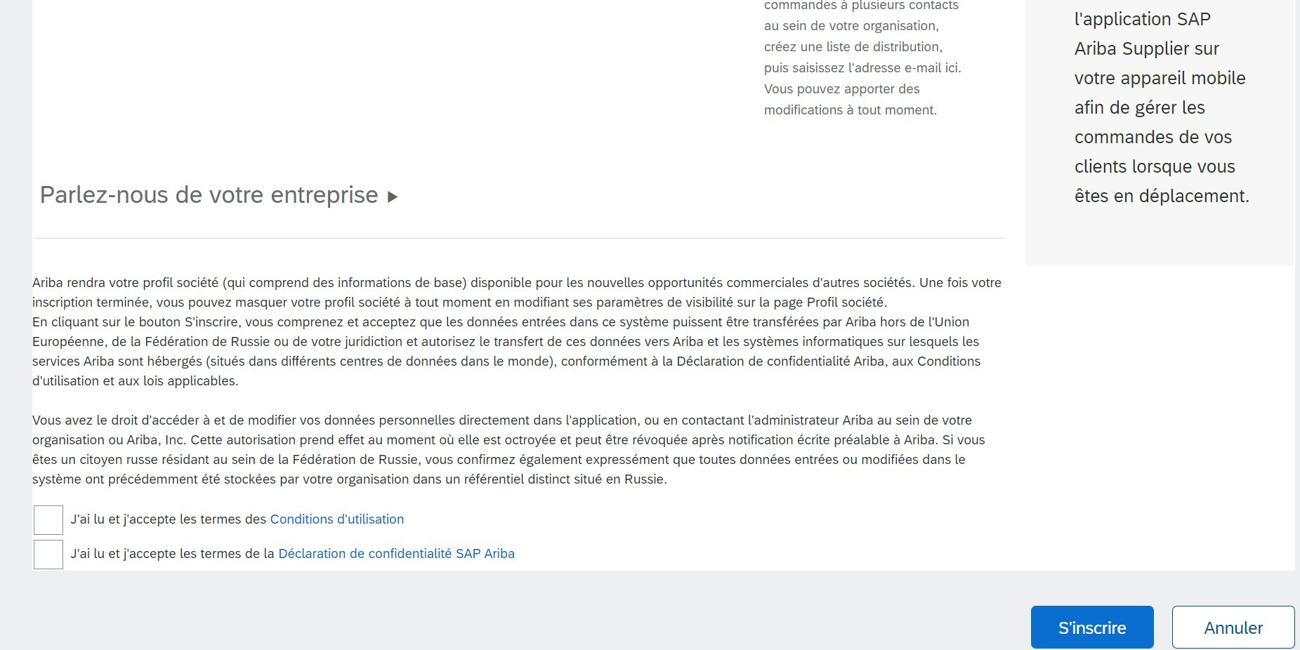 Saisie d’écran de la section Conditions d’utilisation de la page d’inscription SAP Ariba.