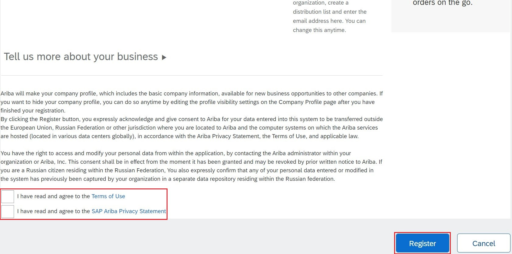 Alt text: A screenshot of the Terms of Use section on the SAP Ariba Registration page.