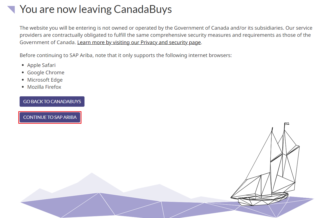 A screenshot of the You are now leaving CanadaBuys page, with the Continue to SAP Ariba button highlighted.