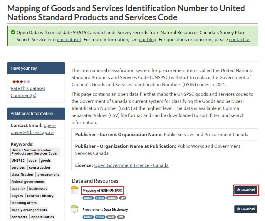 A screenshot of the Mapping of Goods and Services Identification Number to United Nations Standard Products and Services Code page, with the Mapping of GSIN-UNSPSC file and the Download button highlighted. 