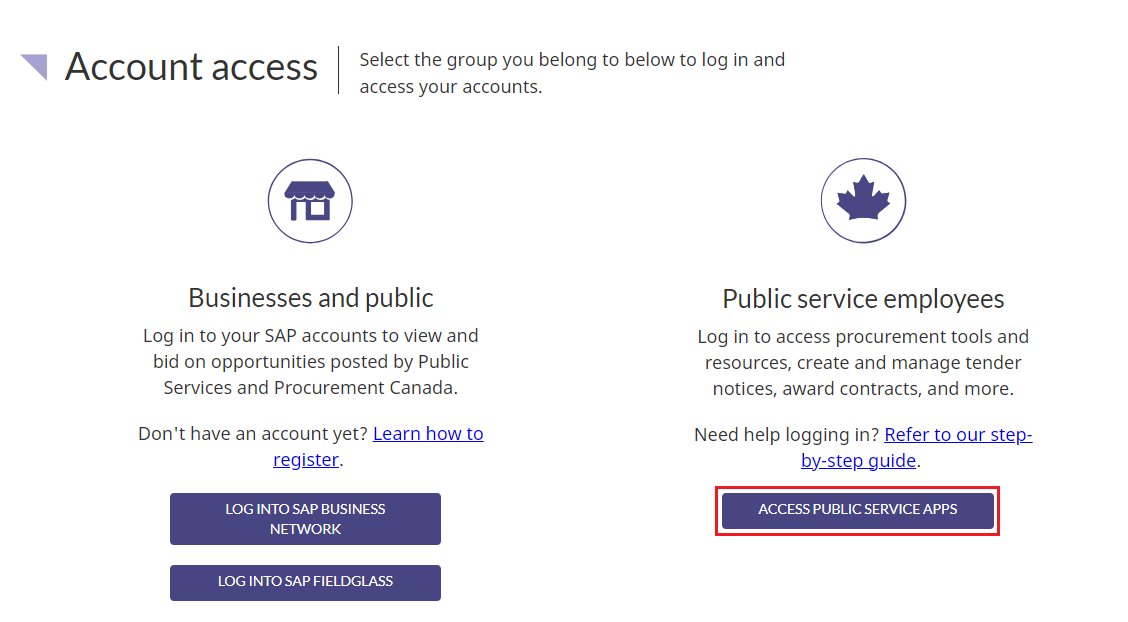 A screenshot of the Account access page, with the Access Public Service Apps button highlighted.