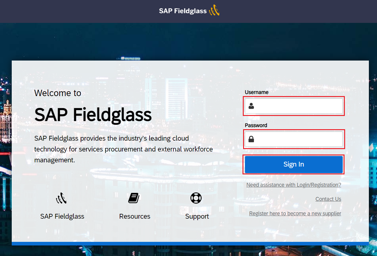 A screenshot of the SAP Fieldglass login page, with the username, password and sign in button highlighted.