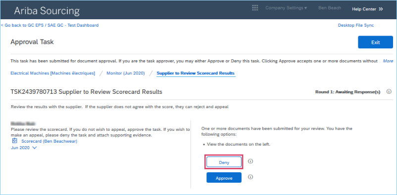 A screenshot of the Approval Task page, with the Deny button highlighted.