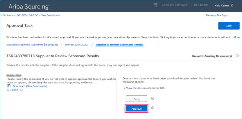 A screenshot of the Approval Task page, with the Approve button highlighted. 