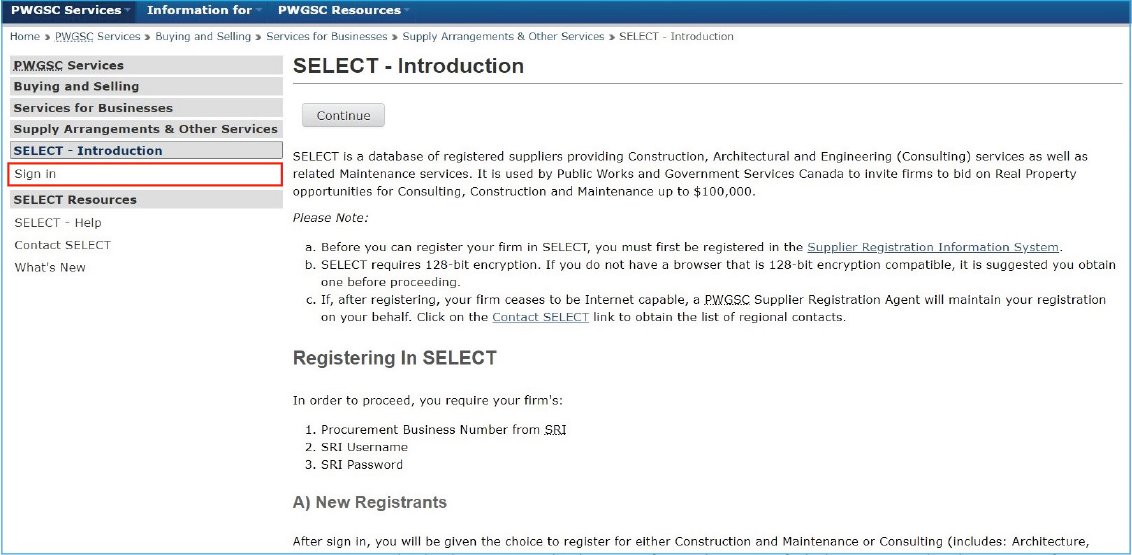 A screenshot of the SELECT website, with the Sign in link in the left-hand navigational menu highlighted.